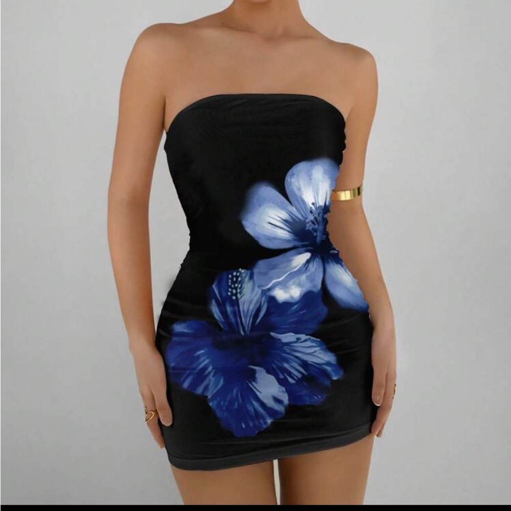 Strapless Black Mini Dress with Blue Floral Print